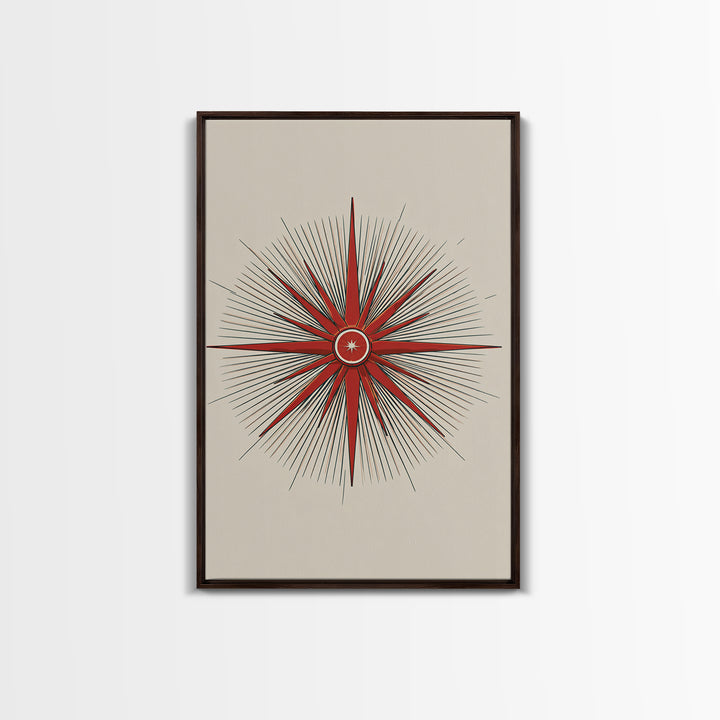 Red Compass Starburst Abstract Canvas Print, Mid Century Modern Art, Atomic Retro Poster, Geometric Wall Art, Minimalist Decor
