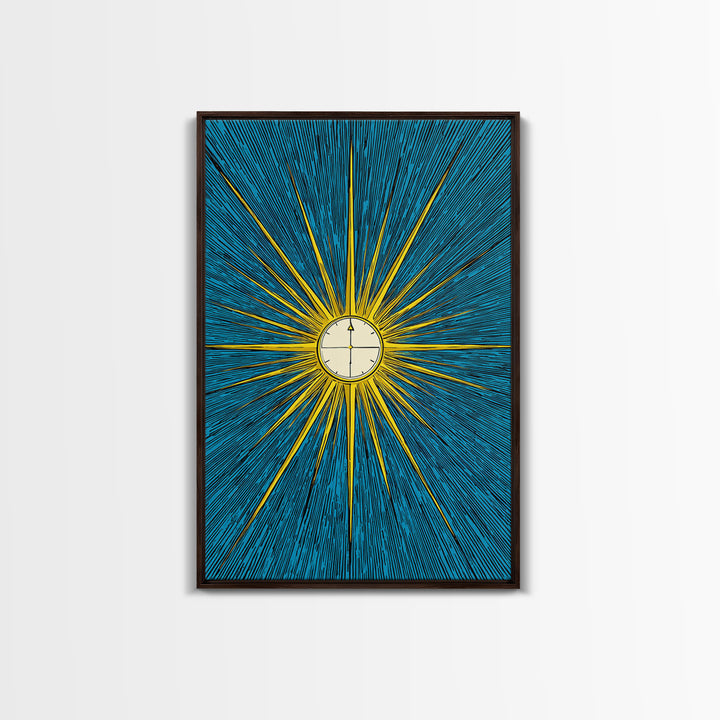 Radiant Atomic Clock Sunburst Wall Art, Midcentury Modern Art Print, Retro Sci Fi Poster, Blue Yellow MCM Decor For Office