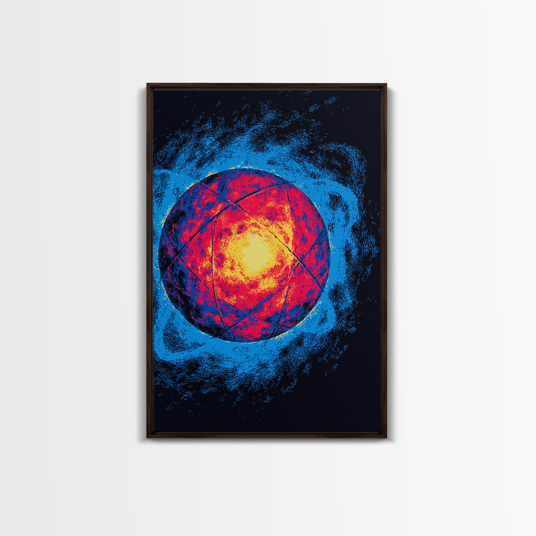 Glowing Quantum Sphere Wall Art, Modern Abstract Art Print, Atomic Retro Poster, Blue Orange Sci Fi Decor For Home Office