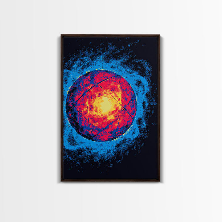 Glowing Quantum Sphere Wall Art, Modern Abstract Art Print, Atomic Retro Poster, Blue Orange Sci Fi Decor For Home Office