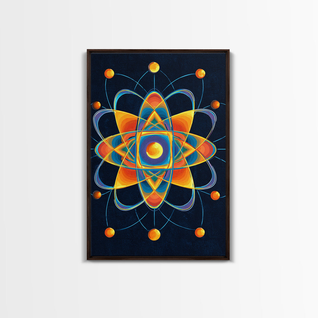 Colorful Atomic Mandala Framed Canvas Print, Midcentury Modern Wall Art, Geometric Sci Fi Poster, Retro Office Decor Gift
