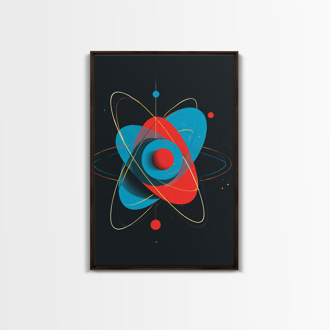 Modern Red Blue Atom Canvas Print, Midcentury Modern Art, Atomic Retro Wall Decor, Space Abstract Poster For Living Room