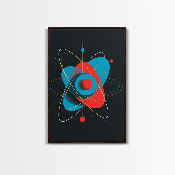 Modern Red Blue Atom Canvas Print, Midcentury Modern Art, Atomic Retro Wall Decor, Space Abstract Poster For Living Room