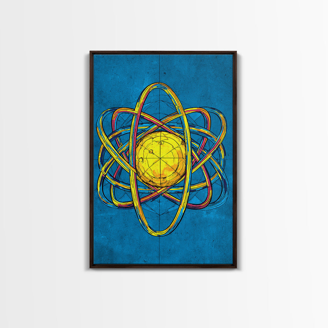 Electric Blue Atom Framed Canvas Print, Midcentury Modern Wall Art, Retro Science Poster, Yellow Orb Decor For Home Office