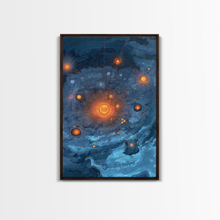 Blue Orange Planetary Orbit Canvas Print, Midcentury Modern Abstract Space Art, Atomic Poster, Geometric Office Decor Gift