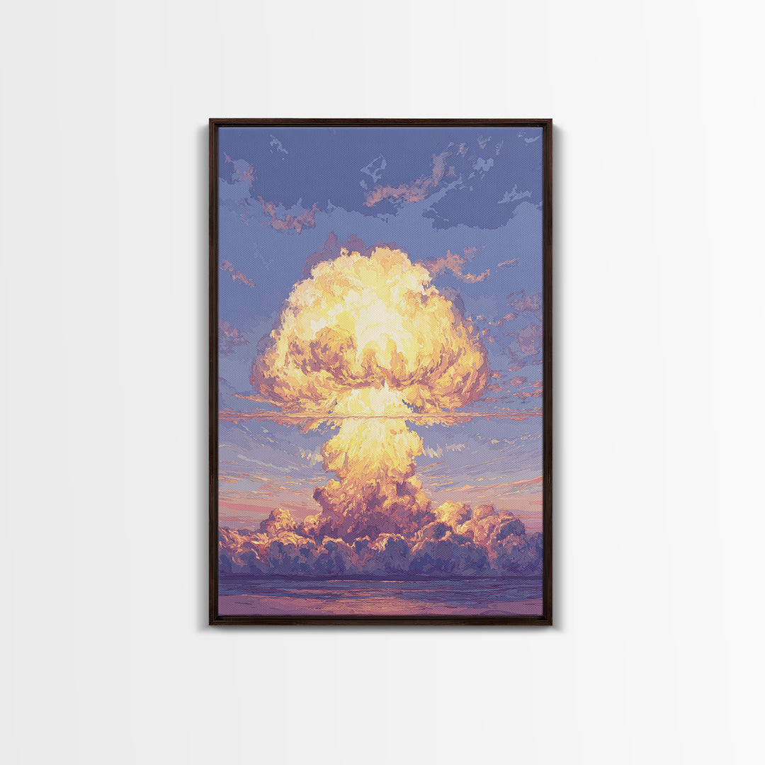 Glowing Nuclear Mushroom Cloud Over Ocean Wall Art, Retro Sci Fi Poster, Atomic Sunset Print, Dramatic Modern Wall Decor