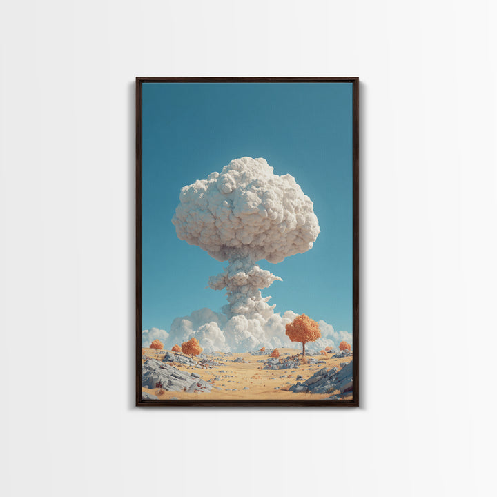 White Mushroom Cloud In Desert Landscape Framed Canvas Print, Surreal Atomic Art, Modern Wall Decor, Blue Sky Poster Print