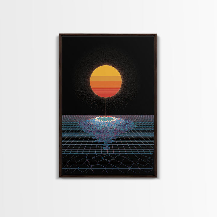 Minimal Retro Sun Over Digital Grid Canvas Print, Black Sci Fi Wall Art, Vaporwave Poster, Modern Geometric Decor Print Gift