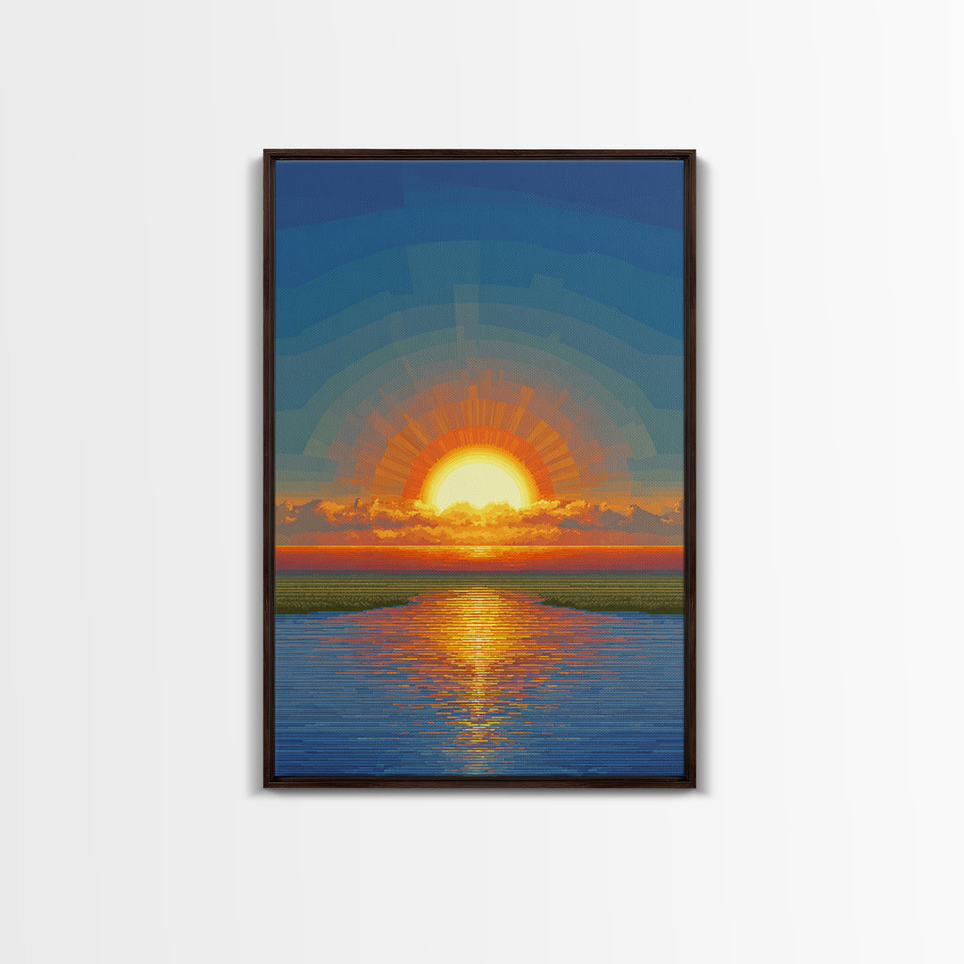 Golden Sunrise Over Calm Water Wall Art, Pixel Style Midcentury Poster, Modern Abstract Landscape, Living Room Decor Print