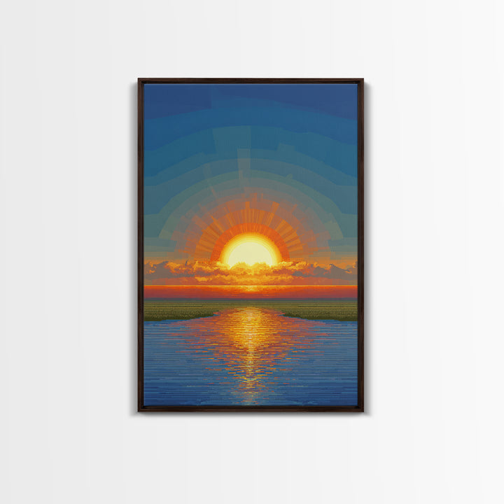 Golden Sunrise Over Calm Water Wall Art, Pixel Style Midcentury Poster, Modern Abstract Landscape, Living Room Decor Print