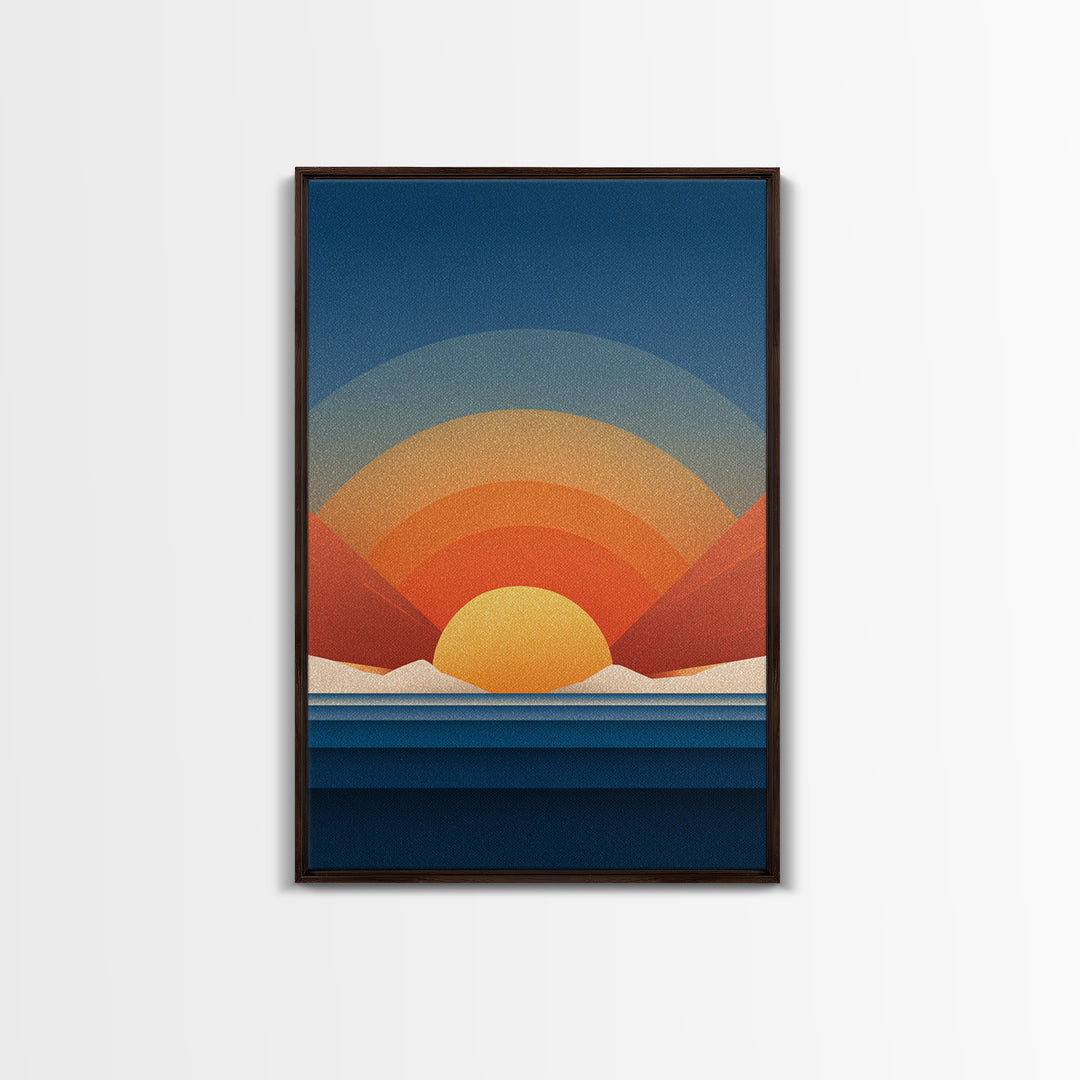 Geometric Desert Sunrise With Red Mountains Framed Canvas Print, Midcentury Modern Wall Art, Orange Blue Abstract Decor Poster