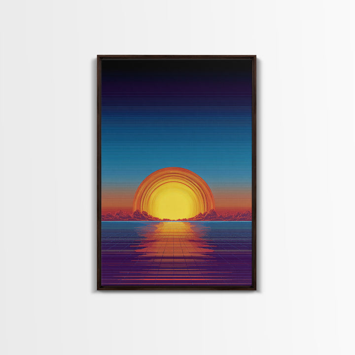 Neon Retro Sunset Over Ocean Grid Wall Art, Synthwave 80s Poster, Vaporwave Decor, Modern Digital Art, Blue Orange Print