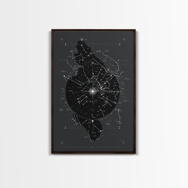 Dark Celestial Star Map Canvas Print, Constellation Wall Art, Cosmic Geometric Poster, Modern Sci Fi Office Home Decor Gift