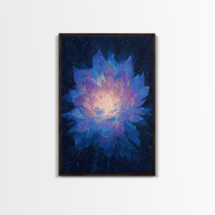 Radiant Blue Lotus Canvas Print, Spiritual Floral Wall Art, Luminous Abstract Flower Poster, Yoga Meditation Room Decor Gift