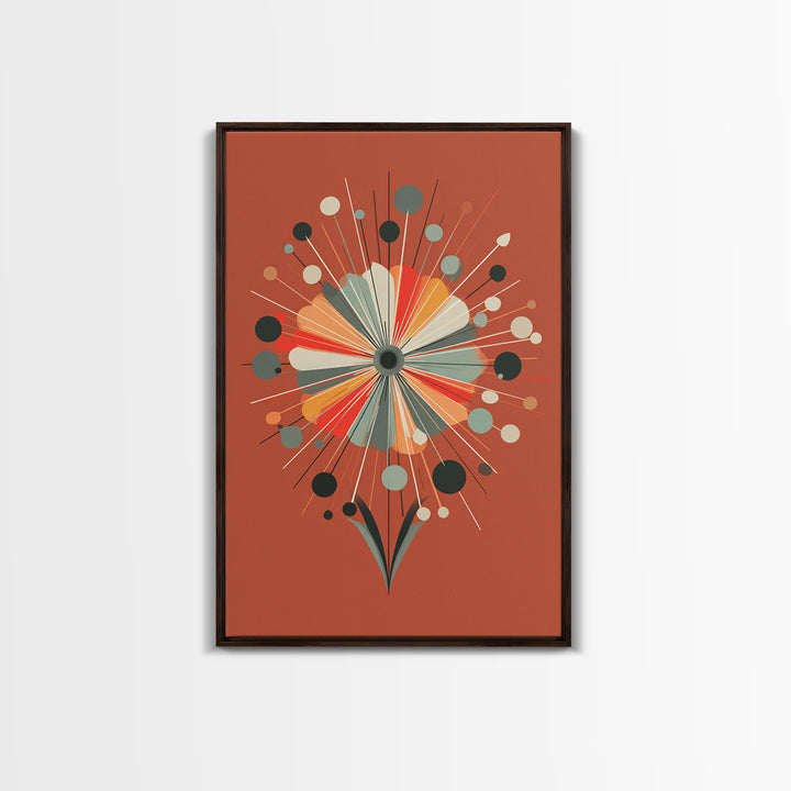 Rust Orange Atomic Flower Wall Art, Midcentury Modern Canvas Print, Geometric Retro Poster, MCM Living Room Decor Gift Idea