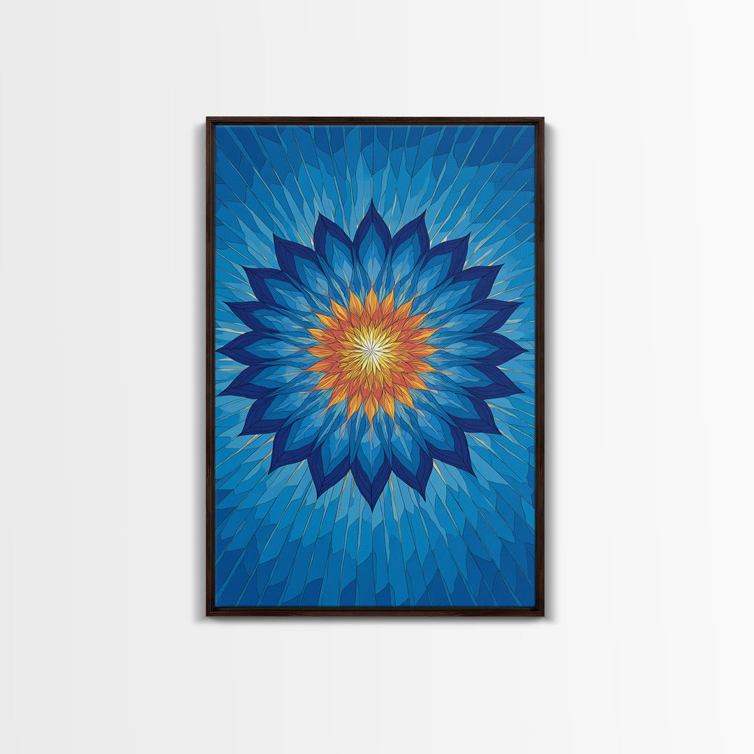 Blue Geometric Lotus Mandala Canvas Print, Abstract Floral Wall Art, Modern Spiritual Poster, Yoga Meditation Decor Gift Idea
