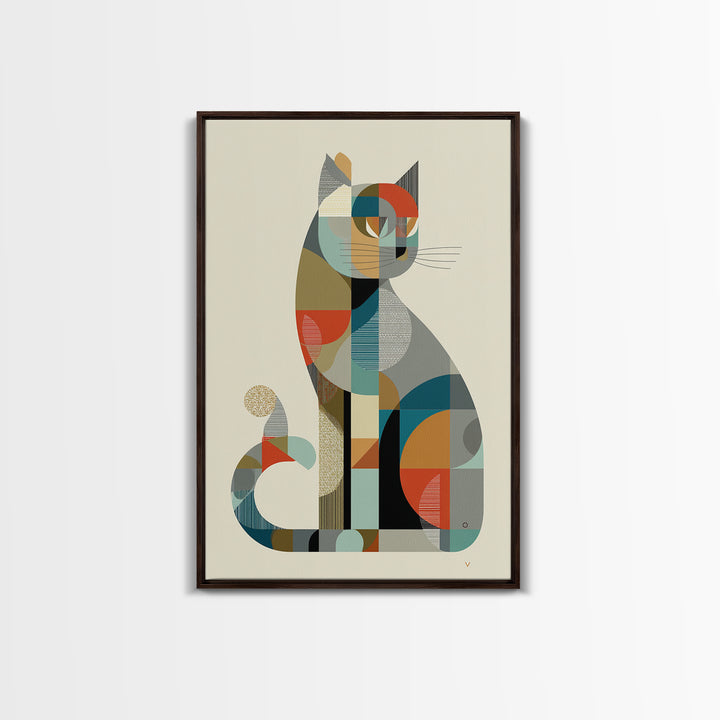 Minimalist Geometric Cat Framed Canvas Print, Midcentury Modern Animal Art, Bauhaus Poster, Neutral Scandinavian Decor Gift