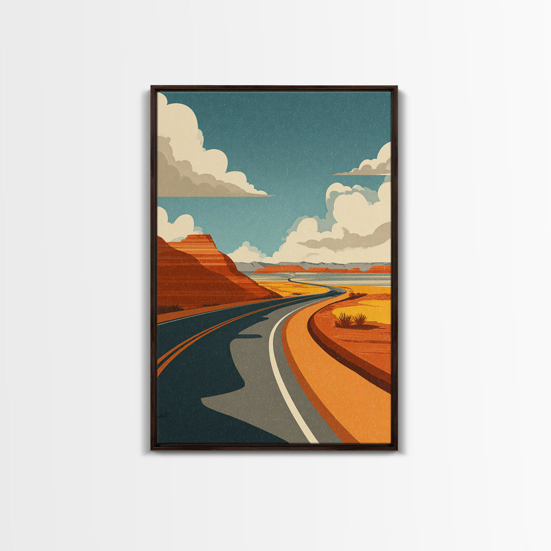 Winding Desert Highway With Red Mesas Wall Art, Mid Century Modern Travel Poster, Retro Southwest Road Trip Decor Print Gift