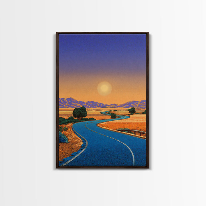 Golden Sunset Road Through Valley Wall Art, Mid Century Modern Landscape Print, Retro California Desert Home Decor Poster