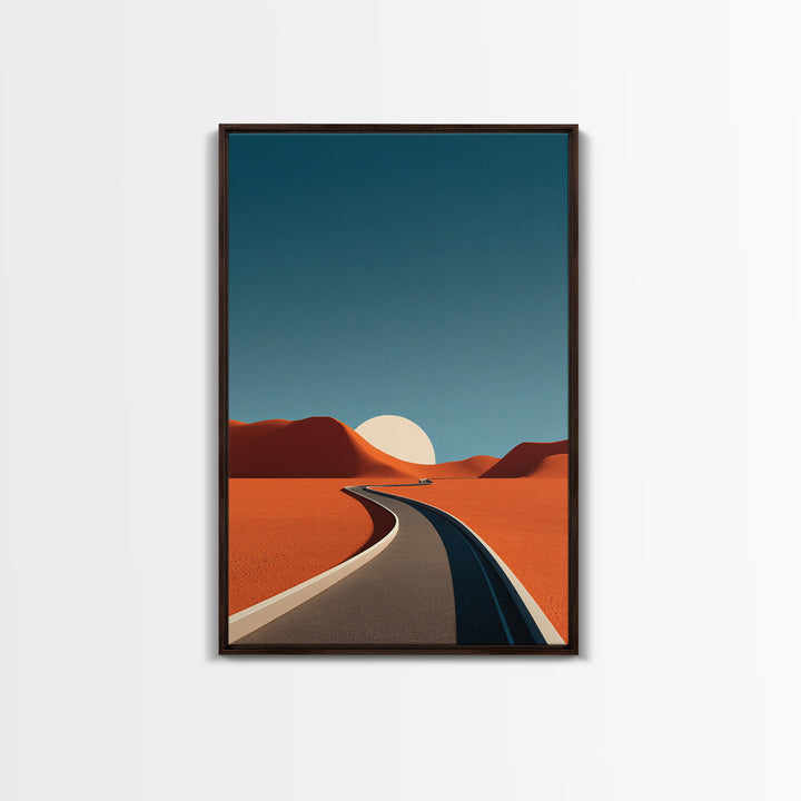 Minimal Desert Road With Low Sun Framed Canvas Print, Modern Abstract Wall Art, Midcentury Southwest Landscape Decor Poster