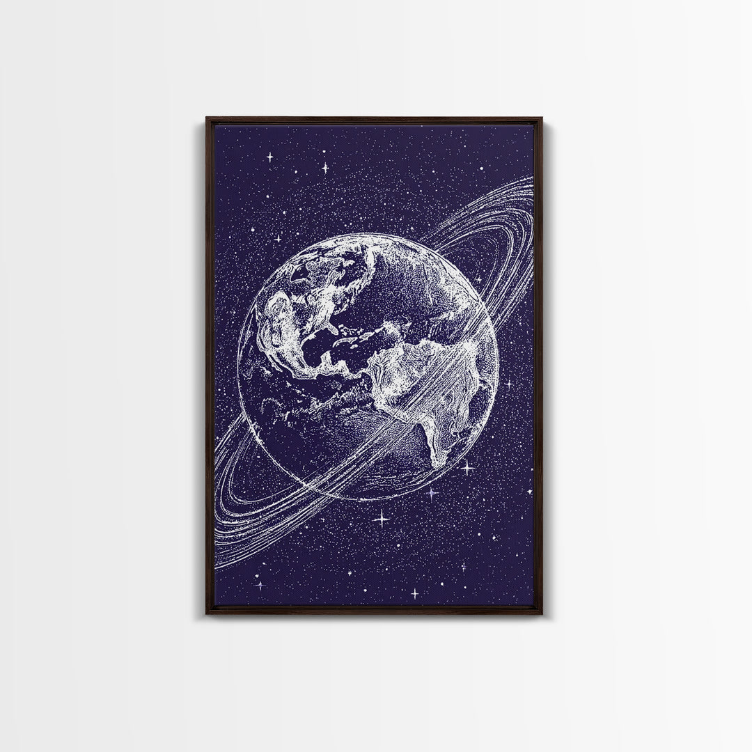Purple Starry Earth With Saturn Rings Canvas Print, Cosmic Retro Wall Art, Modern Space Poster For Bedroom Decor Gift Print