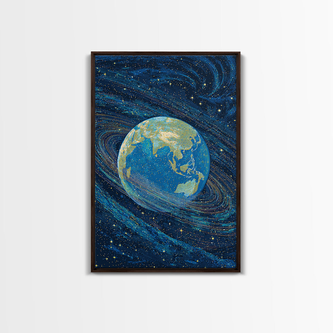 Blue Earth Wrapped In Starry Cosmic Swirls Wall Art, Modern Abstract Art Print, Retro Sci Fi Space Home Decor Poster Gift