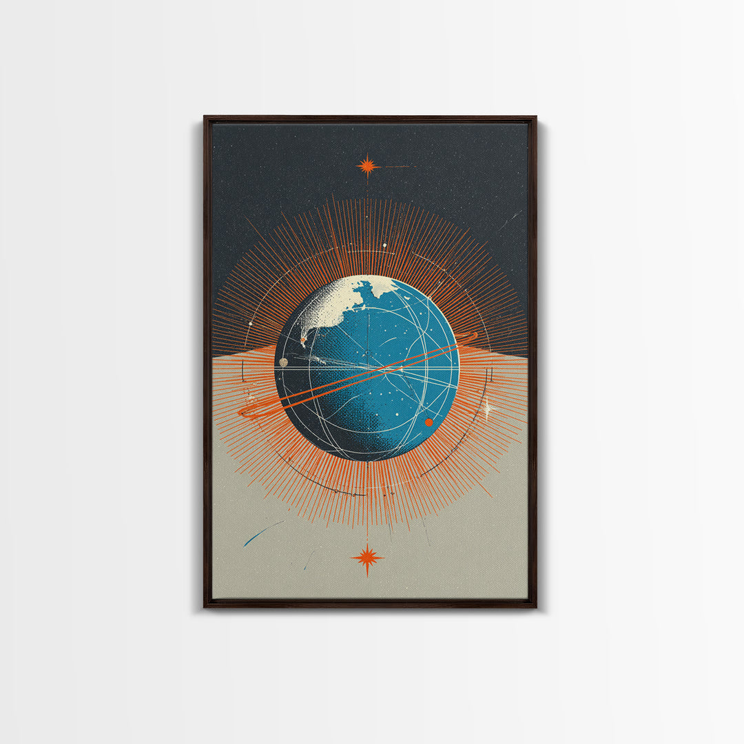Orange Orbit Planet With Radiating Lines Framed Canvas Print, Modern Abstract Wall Art, Retro Sci Fi Space Decor Poster Gift