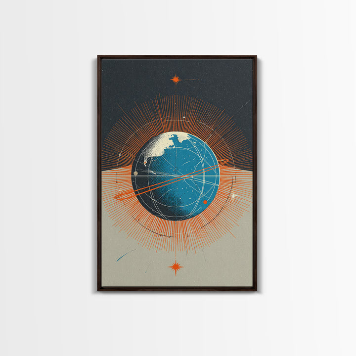 Orange Orbit Planet With Radiating Lines Framed Canvas Print, Modern Abstract Wall Art, Retro Sci Fi Space Decor Poster Gift
