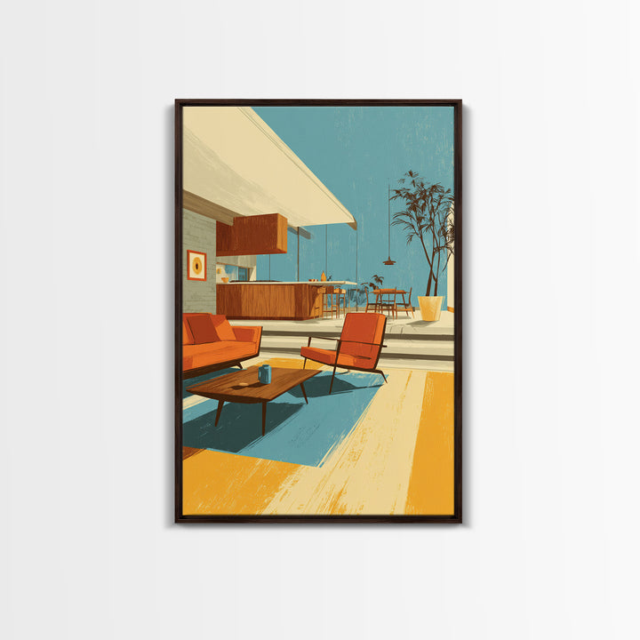 Orange Patio Chairs And Sunny Kitchen Wall Art, Midcentury Modern Decor, Retro Palm Springs Canvas Print, Bright Home Decor
