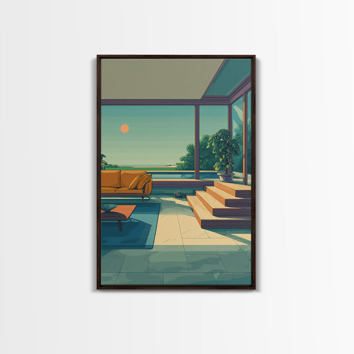Orange Sofa Ocean View Living Room Canvas Print, Midcentury Modern Wall Art, Coastal Sunset Decor, Retro Home Office Poster