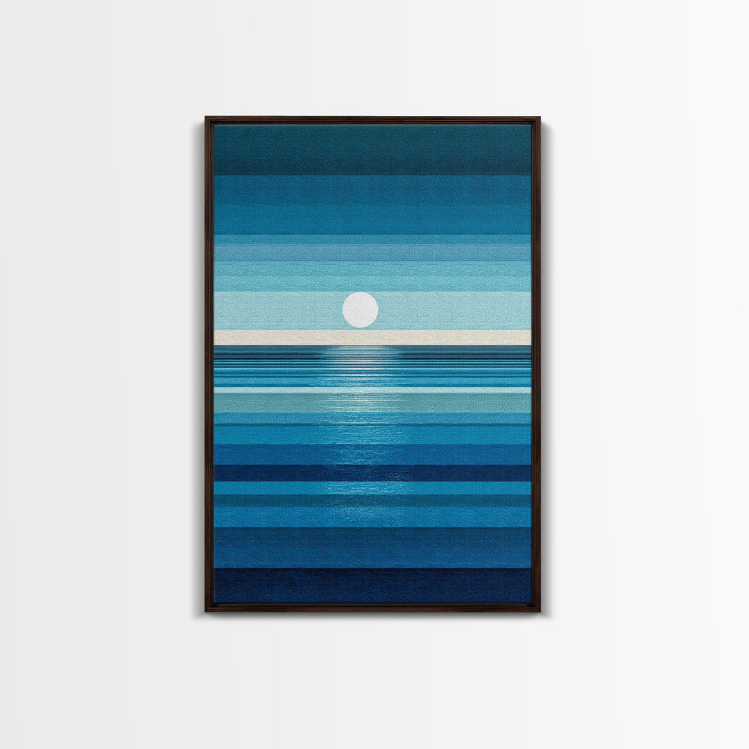 Minimal Blue Ocean Moon Stripes Wall Art, Modern Abstract Art Print, Coastal Bedroom Decor, Scandinavian Modern Canvas Print