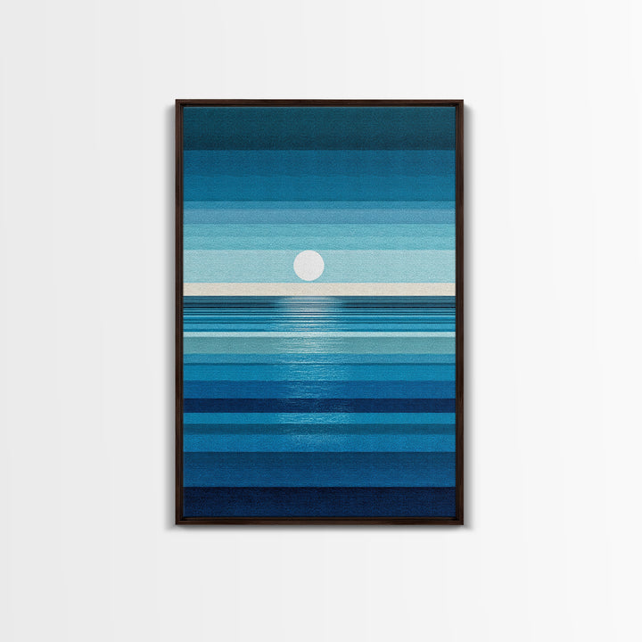 Minimal Blue Ocean Moon Stripes Wall Art, Modern Abstract Art Print, Coastal Bedroom Decor, Scandinavian Modern Canvas Print
