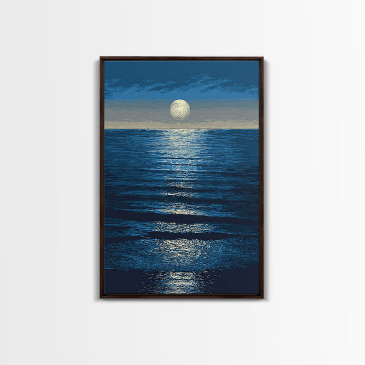 Moonlit Ocean Reflection Framed Canvas Print, Blue Wall Art, Modern Seascape Poster, Coastal Living Room And Bedroom Decor