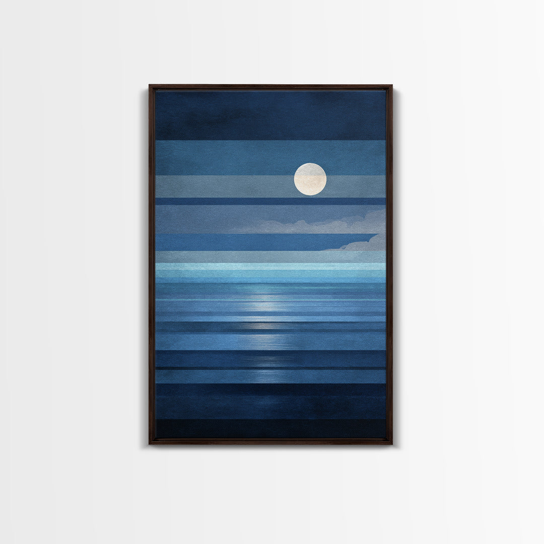 Minimalist Blue Moon Seascape Wall Art, Modern Abstract Ocean Print, Coastal Bedroom Decor, Large Canvas Print For Living Room