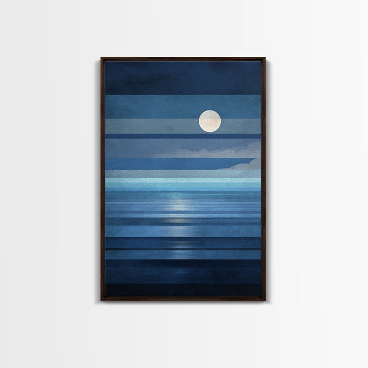 Minimalist Blue Moon Seascape Wall Art, Modern Abstract Ocean Print, Coastal Bedroom Decor, Large Canvas Print For Living Room