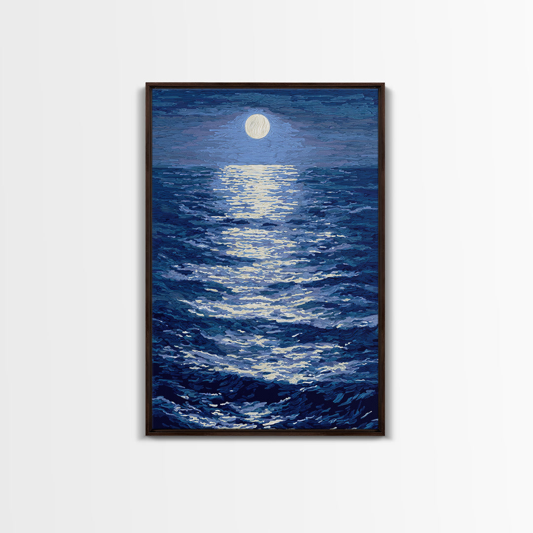 Textured Moonlit Waves Canvas Print, Blue Wall Art, Coastal Seascape Painting, Modern Living Room Decor, Ocean Art Print