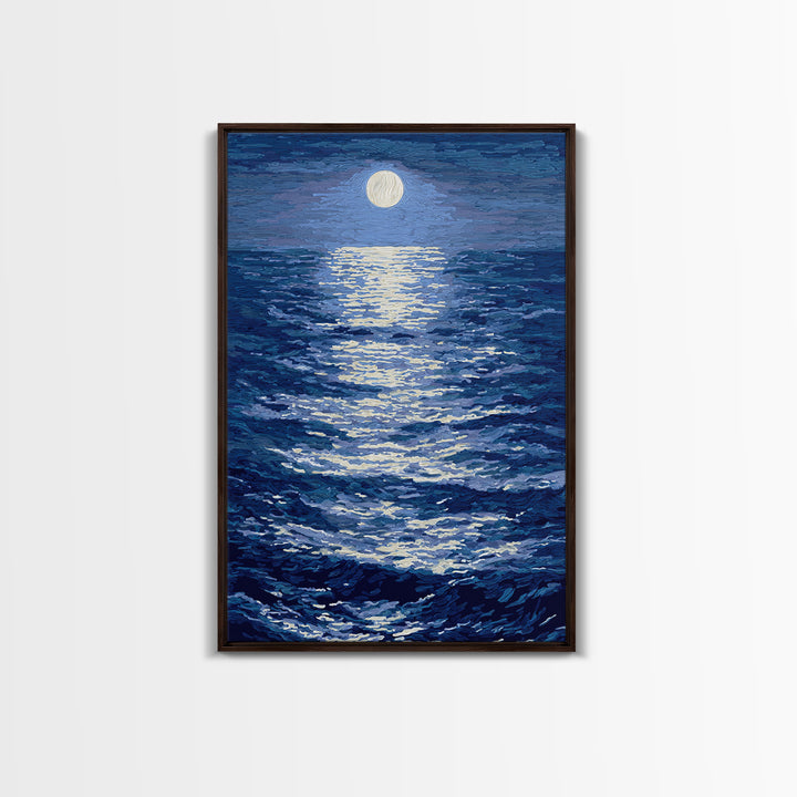 Textured Moonlit Waves Canvas Print, Blue Wall Art, Coastal Seascape Painting, Modern Living Room Decor, Ocean Art Print