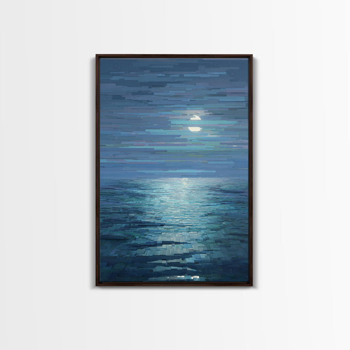 Pixelated Moon Over Calm Sea Wall Art, Modern Digital Art, Blue Coastal Canvas Print, Abstract Seascape Living Room Decor