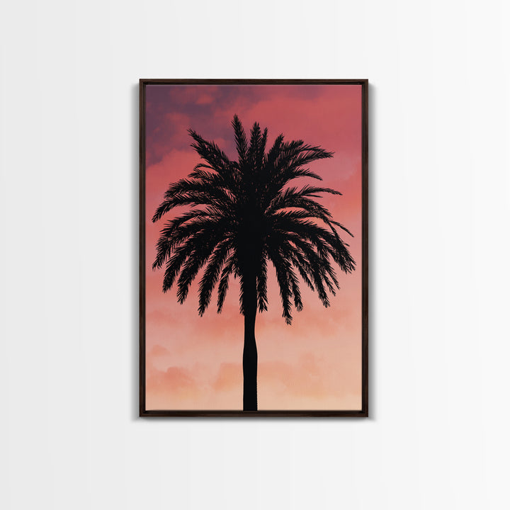 Cloudy Coral Palm Silhouette Sunset Canvas Print, Retro Tropical Wall Decor, Palm Springs Poster, Coastal Bedroom Art Print