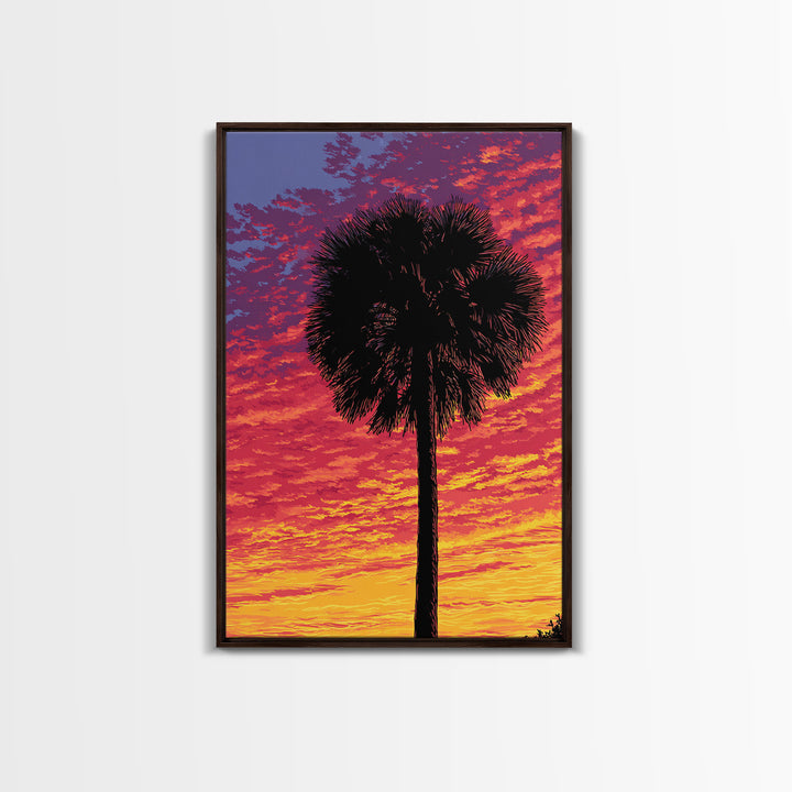 Fiery Palmetto Silhouette In Magenta Sunset Wall Art, Retro Tropical Poster, Palm Springs Decor, Bold Coastal Art Print Gift