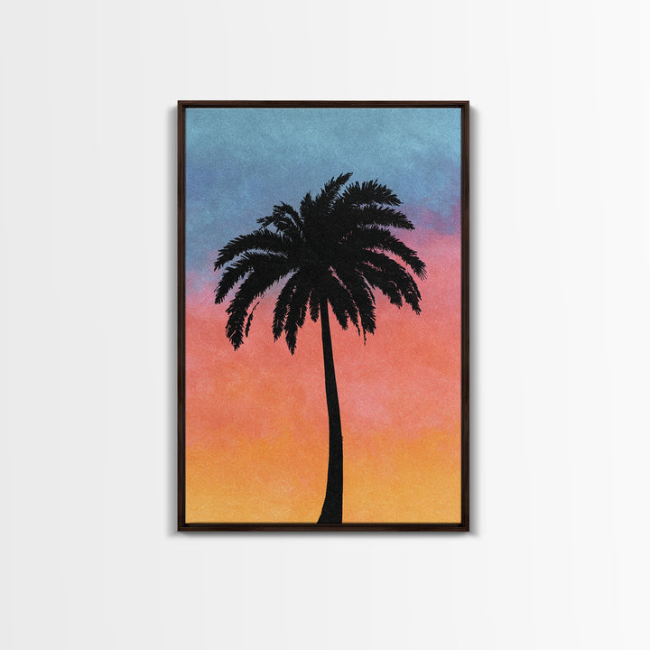 Textured Palm Silhouette With Coral Blue Sky Canvas Print, Retro Tropical Wall Decor, Palm Springs Style, Coastal Art Print