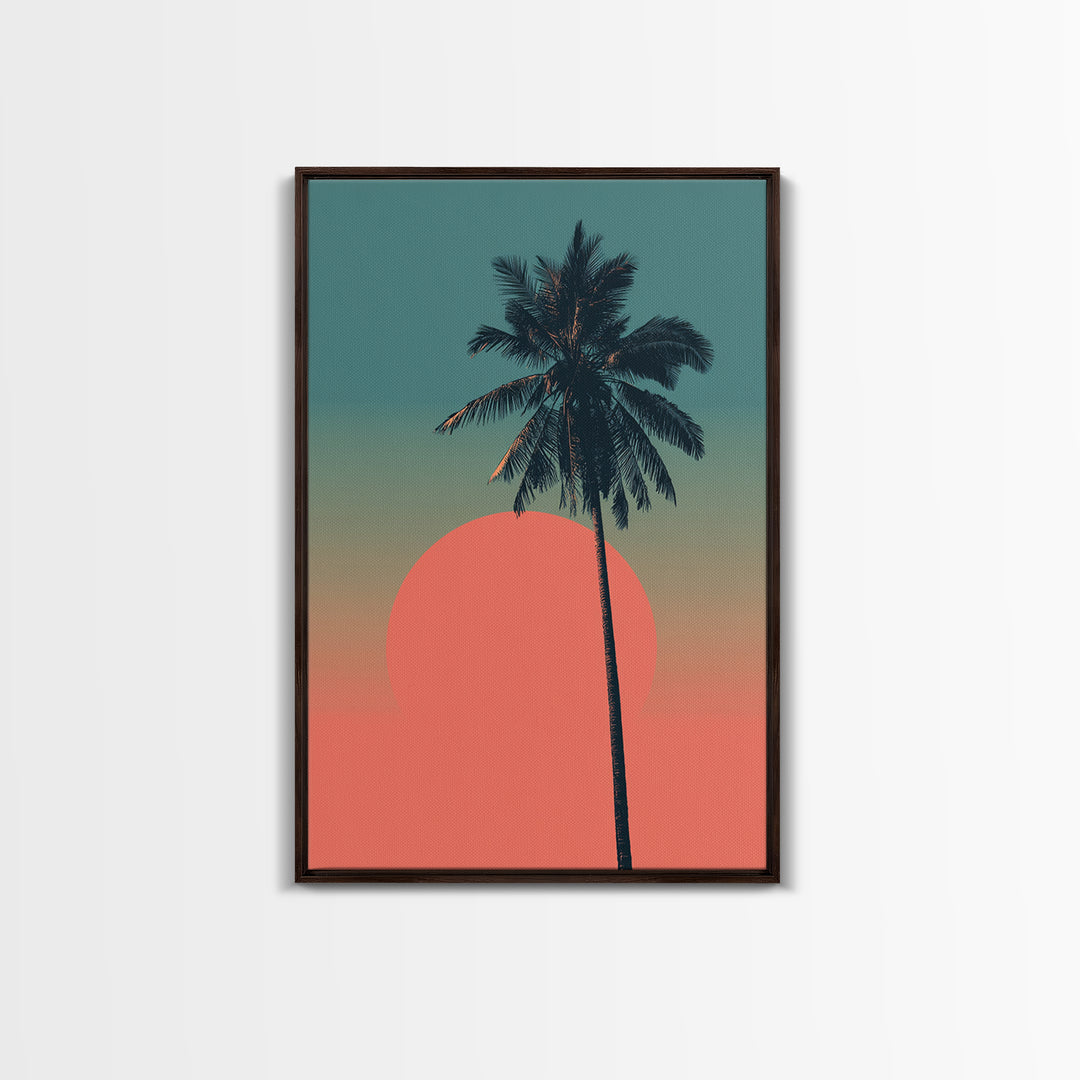 Minimal Palm Tree With Coral Sun Canvas Print, Retro Tropical Poster, Palm Springs Decor, Mid Century Modern Wall Art Print