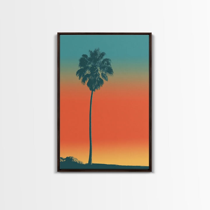 Lone Palm Tree On Orange Teal Horizon Canvas Print, Minimal Retro Tropical Poster, Palm Springs Decor, Coastal Wall Art Print
