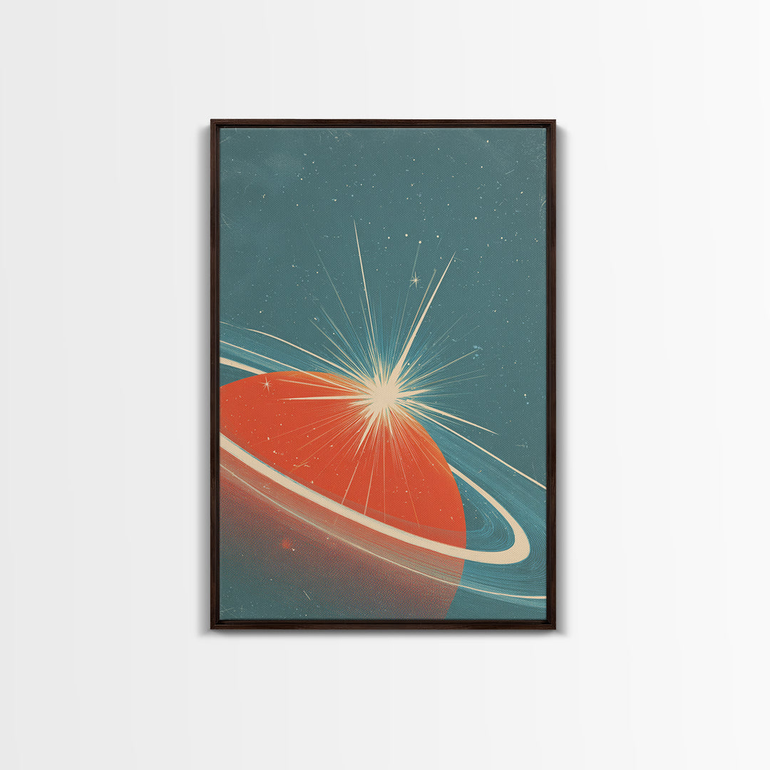 Retro Ringed Planet With Starburst Framed Canvas Print, Mid Century Modern Wall Art, Space Abstract Poster, Sci Fi Decor