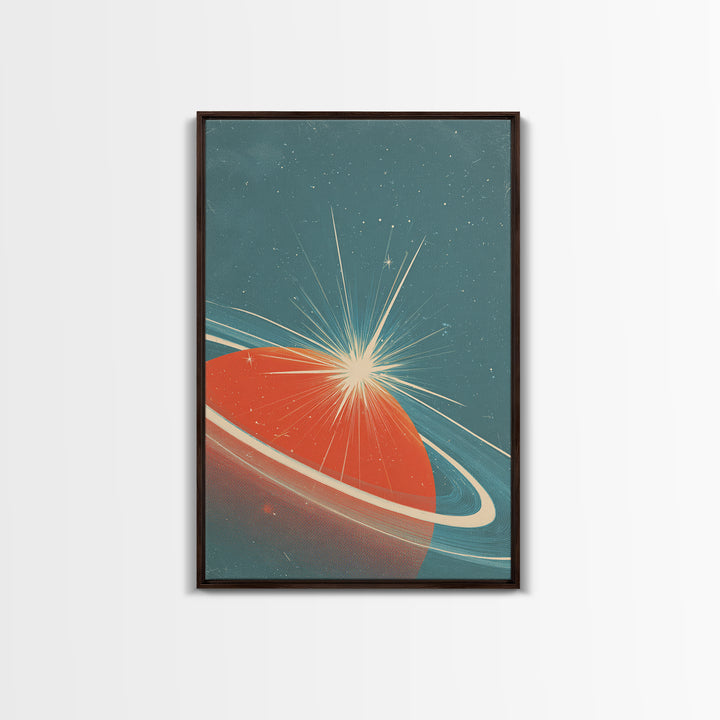 Retro Ringed Planet With Starburst Framed Canvas Print, Mid Century Modern Wall Art, Space Abstract Poster, Sci Fi Decor