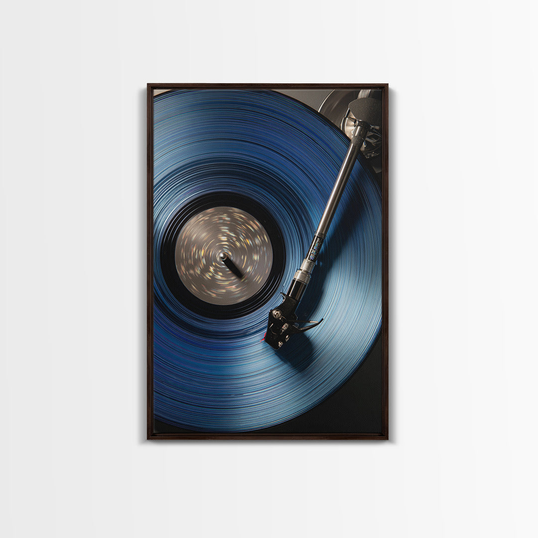 Blue Vinyl Record Canvas Print, Modern Wall Art For Music Lovers, Retro Turntable Poster, Moody Home Office Decor Gift For Him