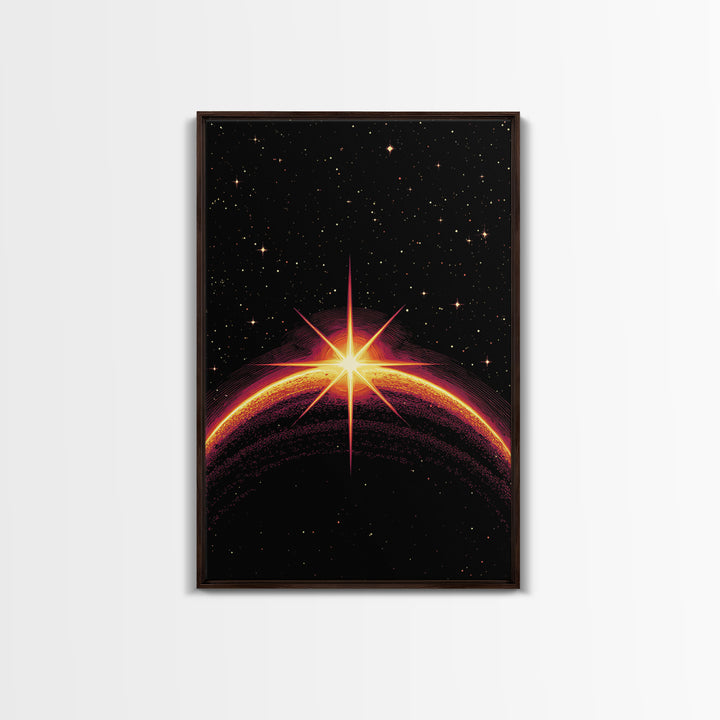 Cosmic Sunrise Over Dark Planet Wall Art, Retro Sci Fi Poster, Space Abstract Art Print, Mid Century Modern Decor, Starry Room Decor