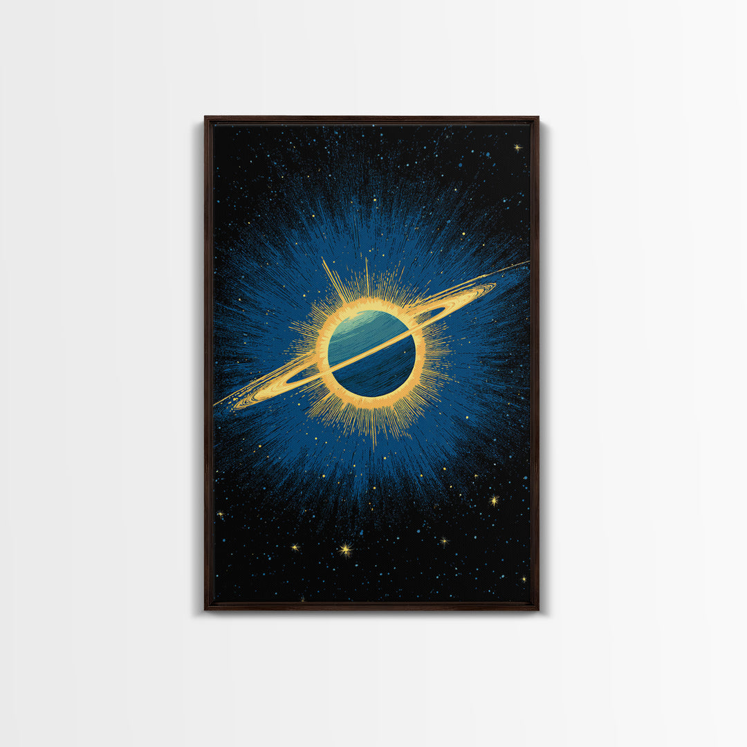Blue Saturn Eclipse Burst Canvas Print, Retro Sci Fi Space Poster, Modern Wall Art, Midcentury Cosmic Decor, Galaxy Gift