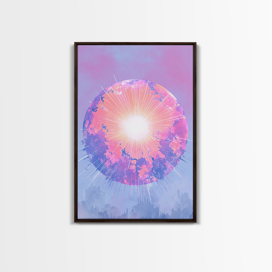 Pink Glowing Planet Over Skyline Wall Art, Pastel Sci Fi Poster, Modern Art Print, Dreamy Space Decor, Retro Galaxy Gift
