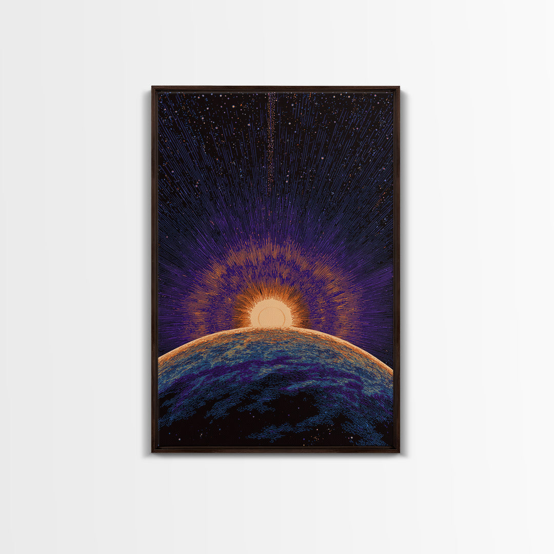 Purple Planet Sunrise Horizon Canvas Print, Retro Sci Fi Space Poster, Modern Wall Art, Midcentury Starburst Decor Gift Idea